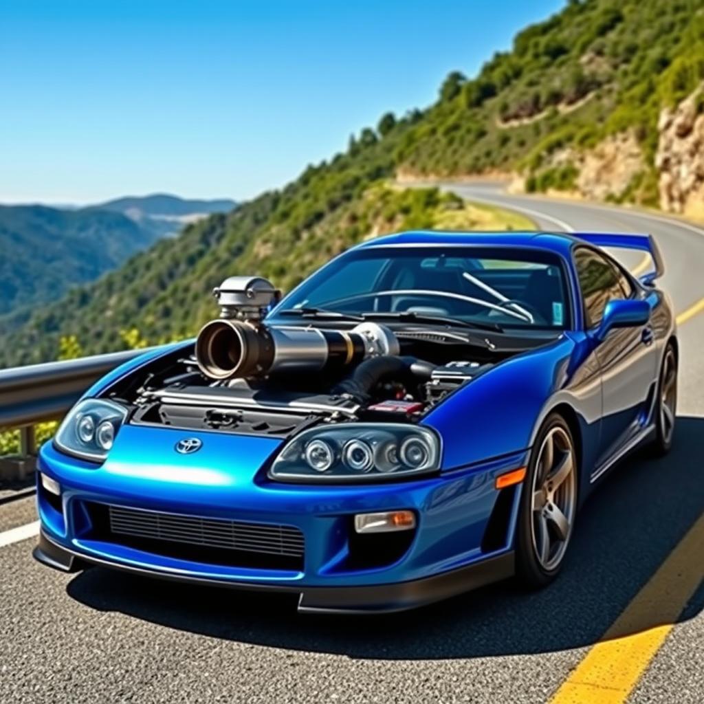 A captivating Toyota Supra MK4 equipped with a powerful supercharger, displayed in an impressive setting