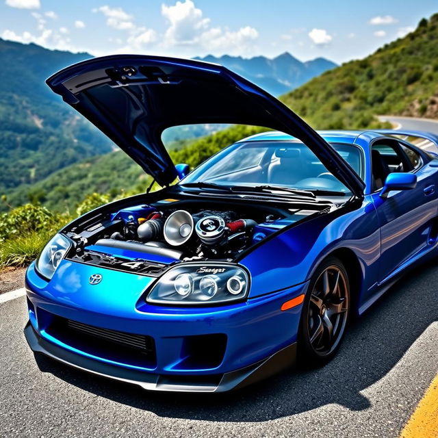 A captivating Toyota Supra MK4 equipped with a powerful supercharger, displayed in an impressive setting