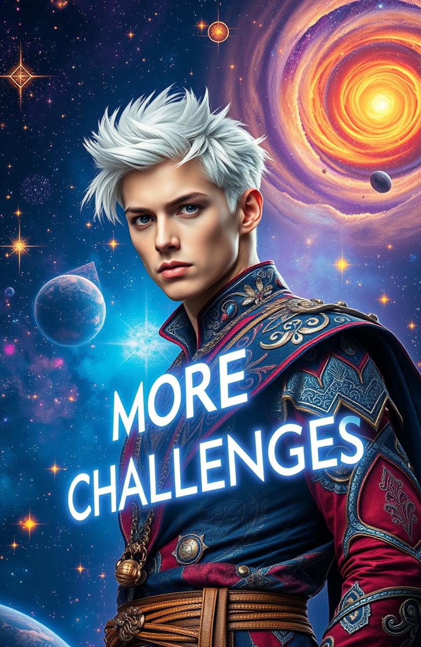 A young handsome man with striking white hair, dressed in intricate and colorful fantasy attire, stands confidently against a vibrant cosmic background filled with swirling galaxies and glowing stars