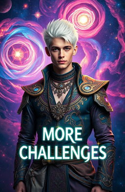 A young handsome man with striking white hair, dressed in intricate and colorful fantasy attire, stands confidently against a vibrant cosmic background filled with swirling galaxies and glowing stars