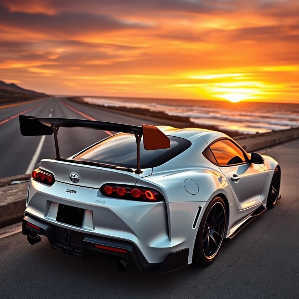 An eye-catching Toyota Supra MK4 equipped with a powerful turbocharger, showcased in a striking environment