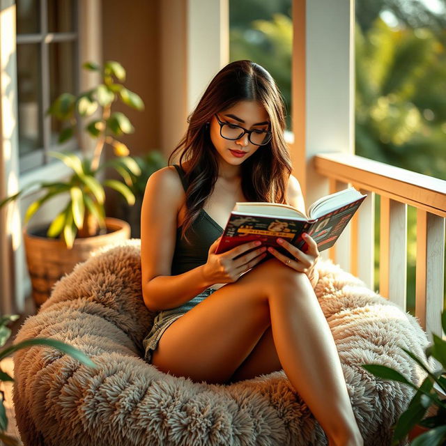 A captivating sexy girl sitting comfortably on a plush puff in her cozy porch, engrossed in reading a book