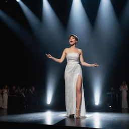 Ultra-realistic 8K image of a glamorous stage with intense lighting and lasers in the background. A woman with a pixie cut, strapless top and thigh-split skirt stands on metal springs in her shoes, singing into a microphone. A man in a Middle Eastern white robe sings beside her. Below the stage, the dark silhouettes of the audience applaud.