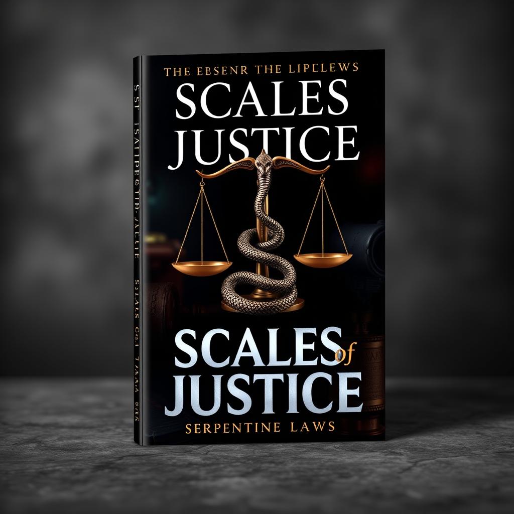 A striking book cover design for a legal thriller titled 'Scales of Justice' by Serpentine Laws