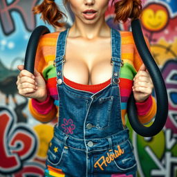 A close-up shot focusing on the chest and torso of a gorgeous female with auburn hair styled in playful pigtails