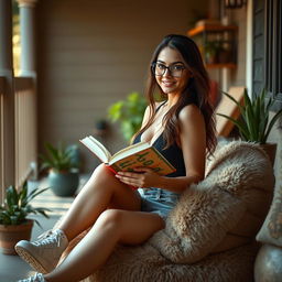 A captivating sexy girl sitting on a plush puff in her charming porch, holding a book in one hand while looking directly at the viewer with an inviting smile