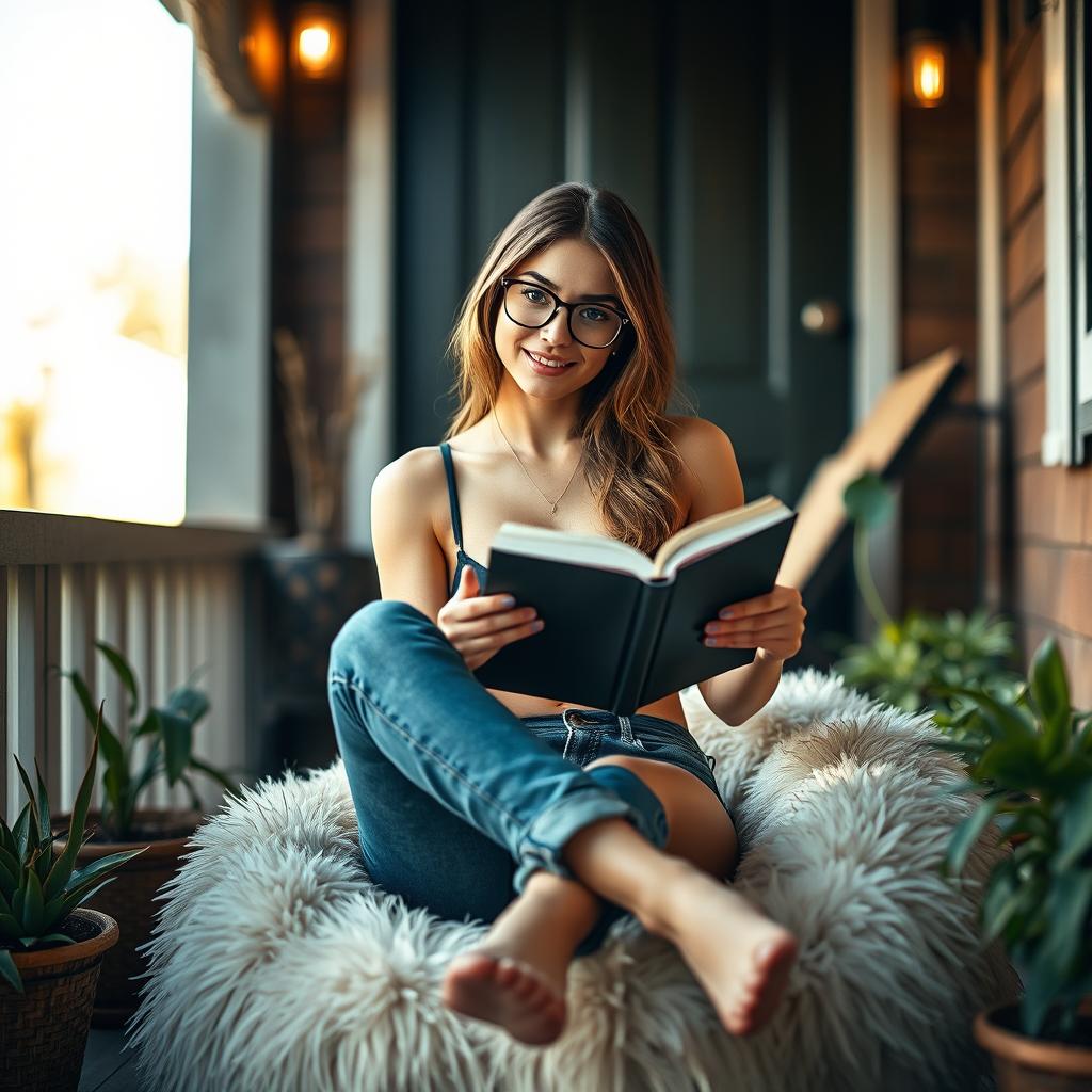 A captivating sexy girl sitting on a plush puff in her charming porch, holding a book in one hand while looking directly at the viewer with an inviting smile