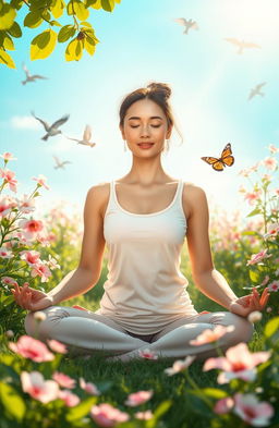 A serene and inspiring scene depicting a woman meditating in a tranquil garden, surrounded by blooming flowers and lush greenery