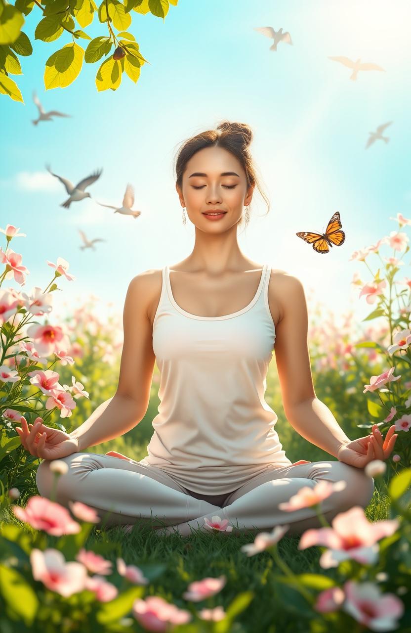 A serene and inspiring scene depicting a woman meditating in a tranquil garden, surrounded by blooming flowers and lush greenery