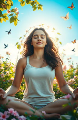 A serene and inspiring scene depicting a woman meditating in a tranquil garden, surrounded by blooming flowers and lush greenery