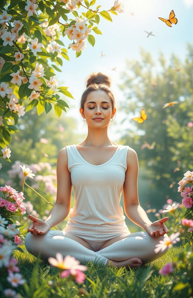 A serene and inspiring scene depicting a woman meditating in a tranquil garden, surrounded by blooming flowers and lush greenery