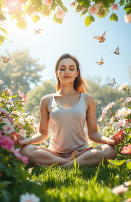 A serene and inspiring scene depicting a woman meditating in a tranquil garden, surrounded by blooming flowers and lush greenery