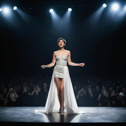 Ultra-realistic 8K image of a glamorous stage with intense lighting and lasers in the background. A woman with a pixie cut, strapless top and thigh-split skirt stands on metal springs in her shoes, singing into a microphone. A man in a Middle Eastern white robe sings beside her. Below the stage, the dark silhouettes of the audience applaud.