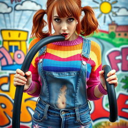 A close-up shot of a gorgeous female with auburn hair styled in playful pigtails