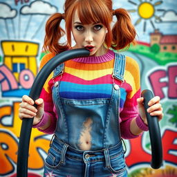 A close-up shot of a gorgeous female with auburn hair styled in playful pigtails