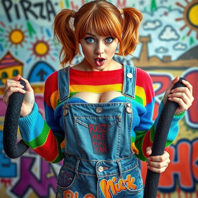 A close-up shot of a gorgeous female with auburn hair styled in playful pigtails