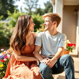 A mother in her late 20s with long brown hair, wearing a casual summer dress, and a young man in his early 20s with short blond hair, dressed in a t-shirt and jeans, sitting together closely on a sunlit porch