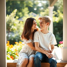 A mother in her late 20s with long brown hair, wearing a casual summer dress, and a young man in his early 20s with short blond hair, dressed in a t-shirt and jeans, sitting together closely on a sunlit porch