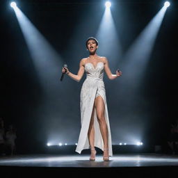 Ultra-realistic 8K image of a glamorous stage with intense lighting and lasers in the background. A woman with a pixie cut, strapless top and thigh-split skirt stands on metal springs in her shoes, singing into a microphone. A man in a Middle Eastern white robe sings beside her. Below the stage, the dark silhouettes of the audience applaud.