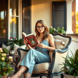 A captivating sexy girl sitting in an elegant armchair on her charming porch, holding a book in her hand while looking directly at the viewer with a playful gaze