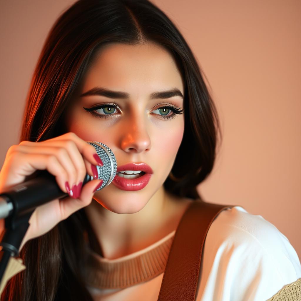 A beautiful young woman in her twenties, featuring long dark brown hair and fair skin