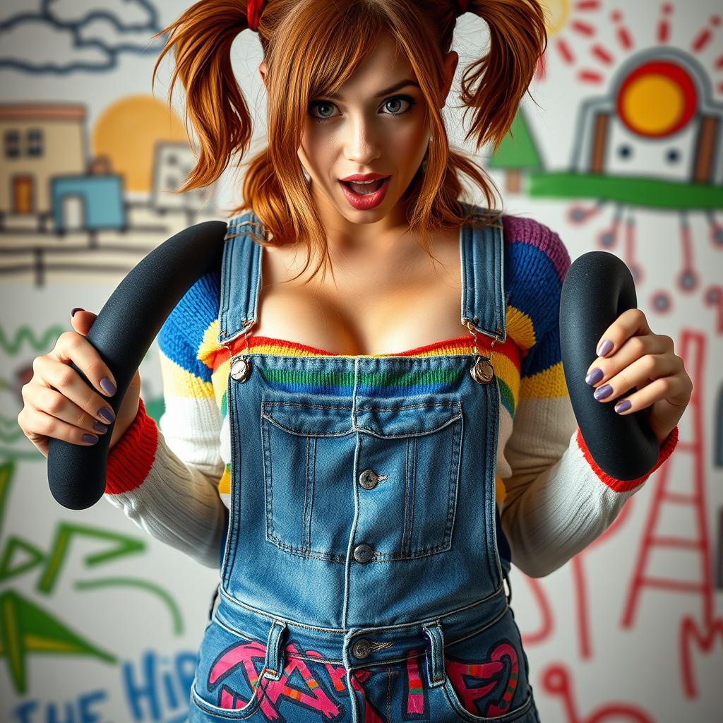 A close-up shot of a gorgeous female with auburn hair styled in pigtails, wearing a rainbow half sweater and a belly top that reveals her midriff