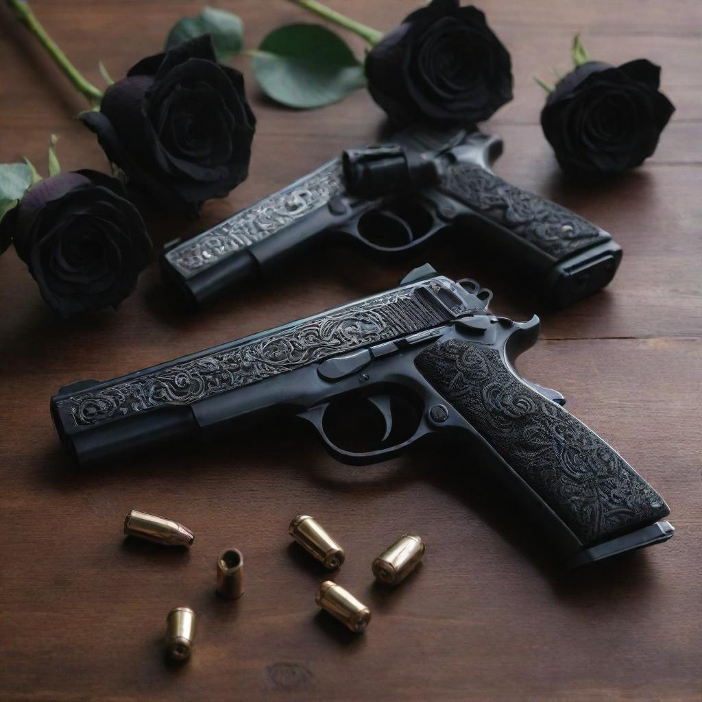 Two intricate pistols and shiny bullets, mingled with dark, velvety black roses, artfully arranged on a wooden table.