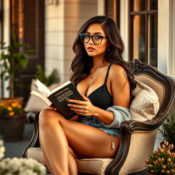 A stunning sexy girl sitting in an elegant armchair on her porch, holding a book in her hand while looking outside with a captivating gaze directed towards the viewer