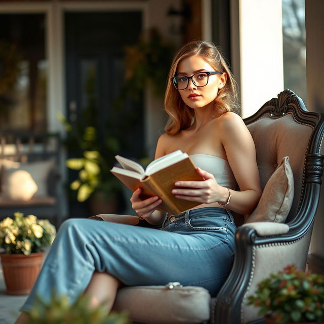 A stunning sexy girl sitting in an elegant armchair on her porch, holding a book in her hand while looking outside with a captivating gaze directed towards the viewer