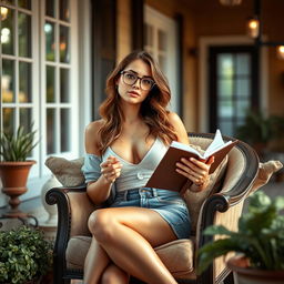 A stunning sexy girl sitting in an elegant armchair on her porch, holding a book in her hand while looking outside with a captivating gaze directed towards the viewer