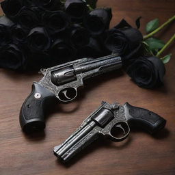 Two intricate pistols and shiny bullets, mingled with dark, velvety black roses, artfully arranged on a wooden table.