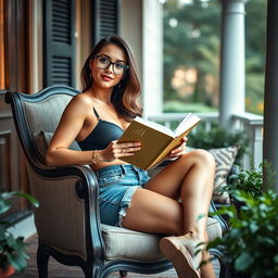 A stunning sexy girl sitting comfortably in an elegant armchair on her inviting porch, holding a book in her hand while gazing outside at the viewer with a playful and alluring expression