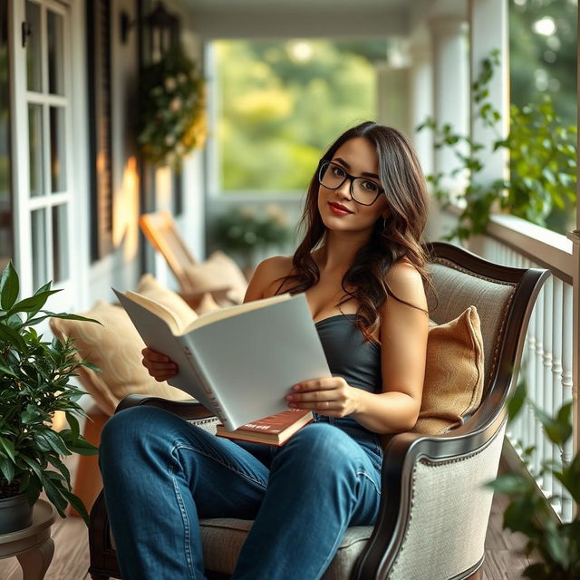 A stunning sexy girl sitting comfortably in an elegant armchair on her inviting porch, holding a book in her hand while gazing outside at the viewer with a playful and alluring expression