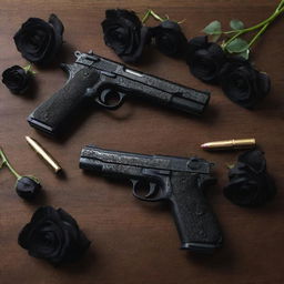 Two intricate pistols and shiny bullets, mingled with dark, velvety black roses, artfully arranged on a wooden table.