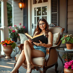 A captivating sexy girl sitting comfortably in an elegant armchair on her charming porch, holding an open book in her hand while gazing directly at the viewer with an inviting and playful expression