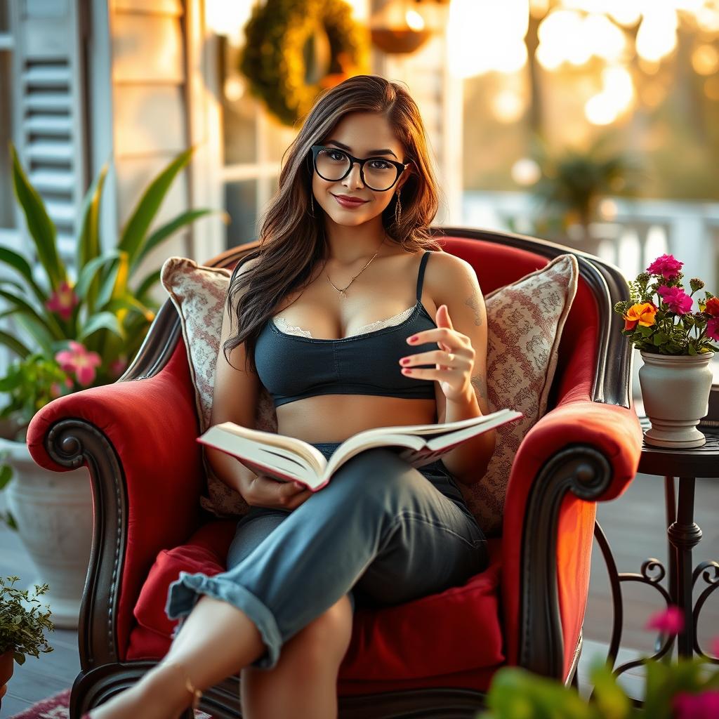 A captivating sexy girl sitting comfortably in an elegant armchair on her charming porch, holding an open book in her hand while gazing directly at the viewer with an inviting and playful expression