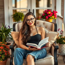 A captivating sexy girl sitting comfortably in an elegant armchair on her charming porch, holding an open book in her hand while gazing directly at the viewer with an inviting and playful expression