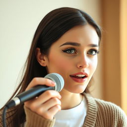 A lovely young woman in her twenties with long dark brown hair and fair skin