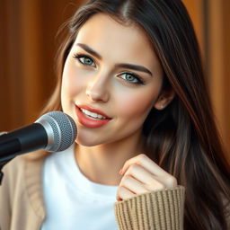 A lovely young woman in her twenties with long dark brown hair and fair skin