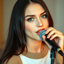 A lovely young woman in her twenties with long dark brown hair and fair skin