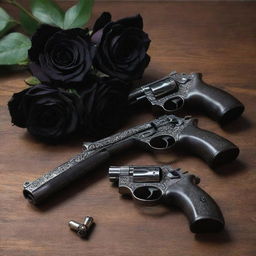 Two intricate pistols and shiny bullets, mingled with dark, velvety black roses, artfully arranged on a wooden table.