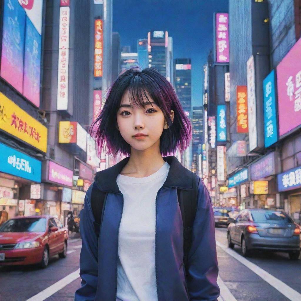 Create a vivid and colorful image in the style of Japanese anime featuring a charismatic main character set in a bustling, futuristic cityscape.