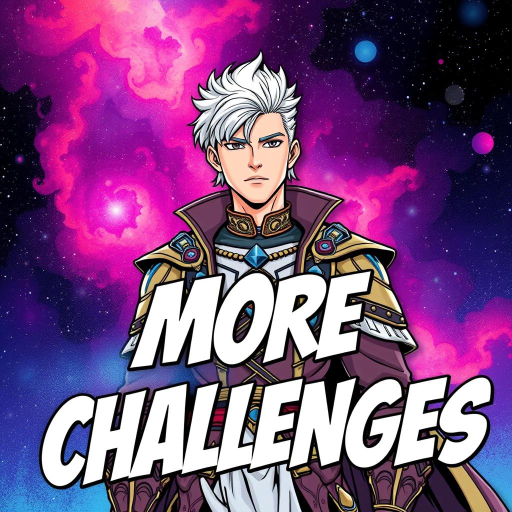 A comic book style illustration featuring a young, handsome man with striking white hair, dressed in elaborate fantasy clothing that combines elements of medieval and sci-fi fashion