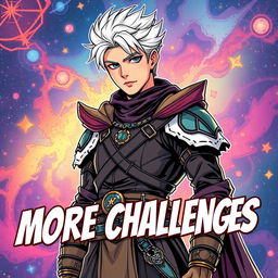 A comic book style illustration featuring a young, handsome man with striking white hair, dressed in elaborate fantasy clothing that combines elements of medieval and sci-fi fashion