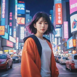 Create a vivid and colorful image in the style of Japanese anime featuring a charismatic main character set in a bustling, futuristic cityscape.