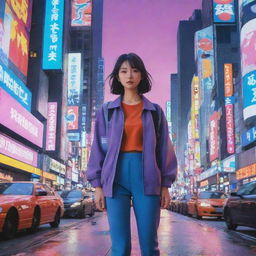 Create a vivid and colorful image in the style of Japanese anime featuring a charismatic main character set in a bustling, futuristic cityscape.