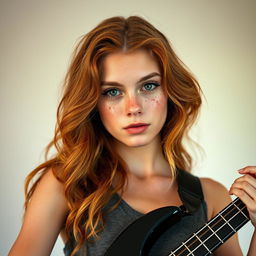 A striking young woman in her twenties, featuring long, wavy orange-red hair and slightly bronzed skin