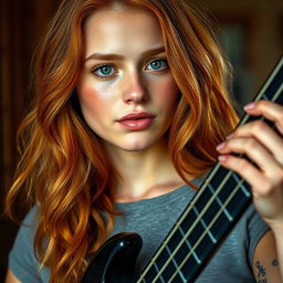 A striking young woman in her twenties, featuring long, wavy orange-red hair and slightly bronzed skin