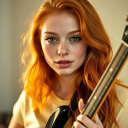 A striking young woman in her twenties, featuring long, wavy orange-red hair and slightly bronzed skin