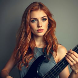 A striking young woman in her twenties, featuring long, wavy orange-red hair and slightly bronzed skin